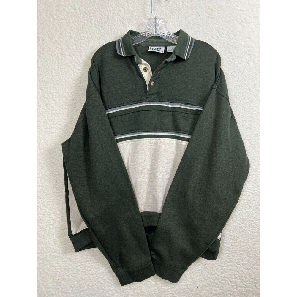 Lee Sports Sweatshirt Mens XL Collared Green White Striped Pullover Vtg Baggy‎